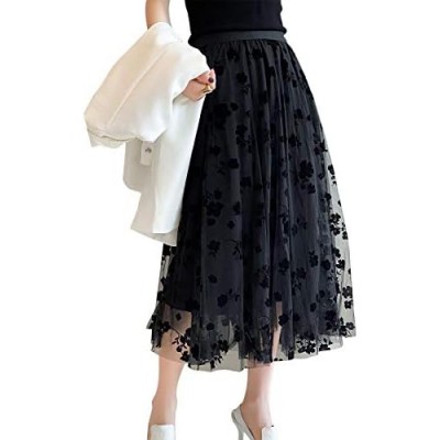 Women Tutu Tulle Skirt Elastic High Waist Layered Skirt Floral Print Mesh A-Line Midi Skirt