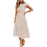 ZESICA Women's Summer Casual Flutter Short Sleeve Crew Neck Smocked Elastic Waist Tiered Midi Dress