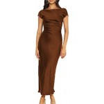 2023 Satin Cap Sleeve Cowl Back Summer Dresses for Women Elegant Ruched Waist Wedding Guest Midi Dress