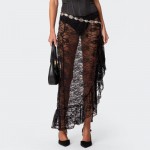 Women Lace Midi Skirt Sheer Mesh Skirts Boho Ruffle Long Flowy Skirt See Through Beach Floral Maxi Skirt