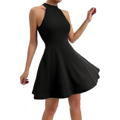 Women's Casual Halter Neck Sleeveless High Waist Solid A Line Short Dress