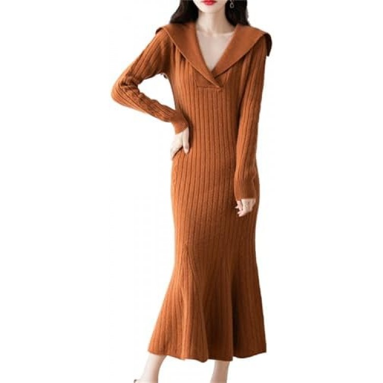 Women's Autumn and Winter Long Skirt, Fishtail Skirt Mid-Length Sweater, Lapel Slimming Knitted Bottoming Dress,XL,Orange