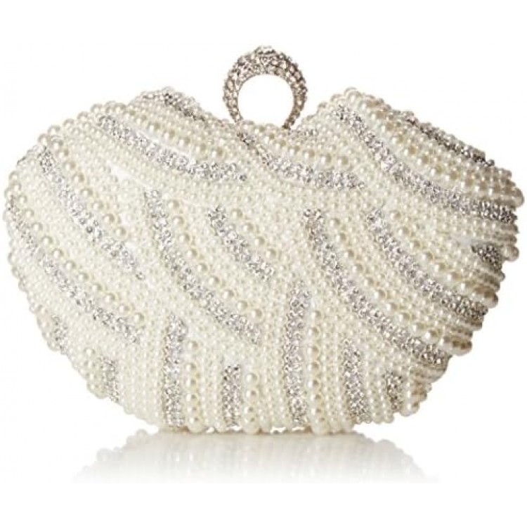 Damara Womens Luxury Special Crystals Beaded Pearl Clutch Bag,White