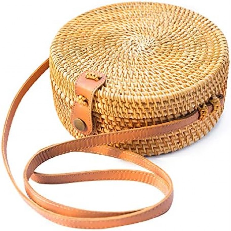 Handwoven Round Rattan Bag Shoulder Leather Straps Natural Chic Hand NATURAL NEO