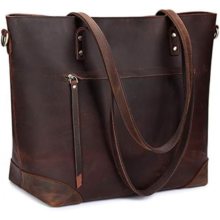 S-ZONE Vintage Genuine Leather Shoulder Bag Work Totes for Women Purse Handbag with Back