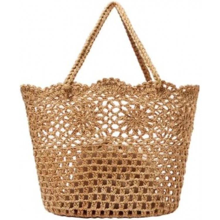 BlueSpectrum Straw Tote 2023 Floral Crochet Rattan Handbag Beach Tote Summer Woven Bag Vegan, beige, M