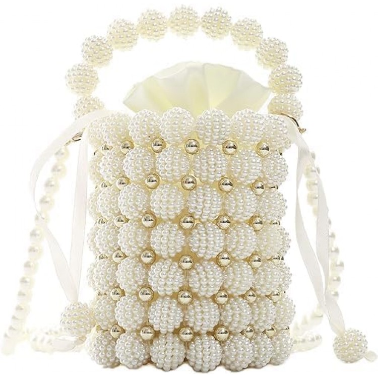 Women Beaded Small Pearl Evening Bucket Handmade Bags with Detachable Chain for Wedding Party