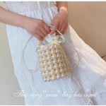 Women Beaded Pearl Evening Bucket Handmade Bags with Detachable Chain for Wedding Party