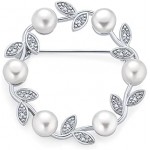 Christmas Elegant Bridal Holiday Marquise CZ Round Crystal White Simulated Pearl Wreath Circle Scarf Brooch Pin for Women Wedding Gold Silver Plated