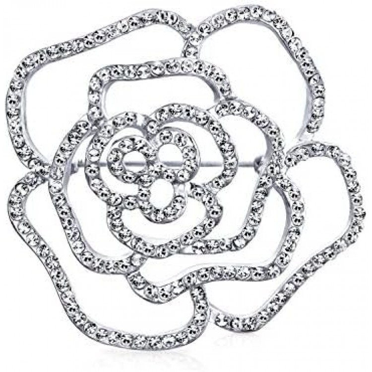 Large Fashion Statement Sparkling Party Rose Flower Shape Open Pave Crystal Wedding Brooch Scarf Pin for Women Silver Tone Rhodium Plated