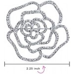 Large Fashion Statement Sparkling Party Rose Flower Shape Open Pave Crystal Wedding Brooch Scarf Pin for Women Silver Tone Rhodium Plated