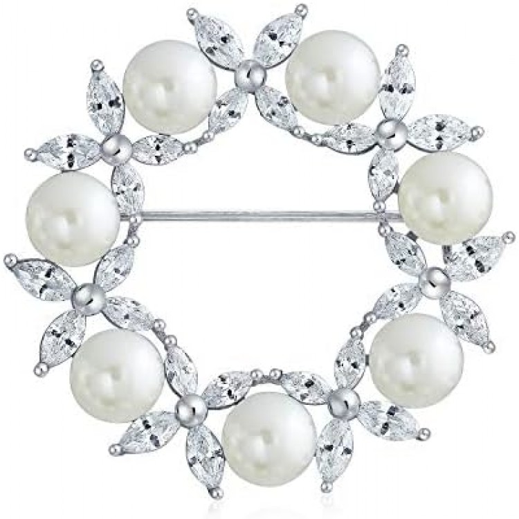 Christmas Elegant Bridal Holiday Marquise CZ Round Crystal White Simulated Pearl Wreath Circle Scarf Brooch Pin for Women Wedding Gold Silver Plated