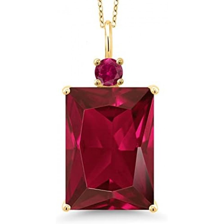 Gem Stone King 18K Yellow Gold Plated Silver Red Created Ruby Pendant Necklace For Women (20.25 Cttw, Emerald Cut 18X13MM, With 18 Inch Silver Chain), metal,gemstone, Created Ruby