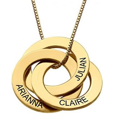 MyNameNecklace Personalised 3 Russian Ring Hanging Necklace for Woman- Interlocked Engraved Discs Custom Jewellery for Mum Her Women