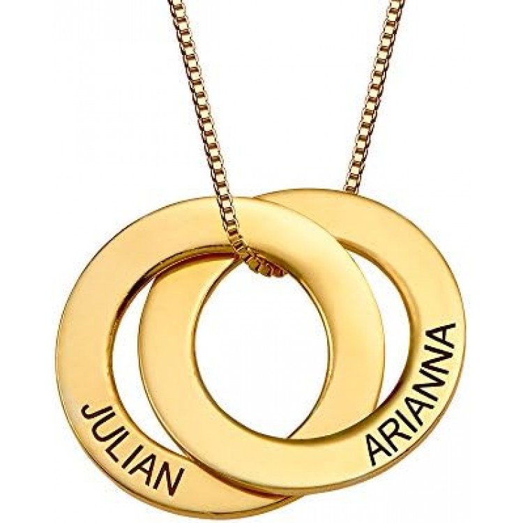 MyNameNecklace Personalised 2 Russian Ring Necklace for Woman- 2 Interlocked Engraved Discs Custom Jewellery for Mum