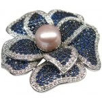 Flower Brooch With Silver Housing Decorated With Blue and White Swiss Diamond And Real Freshwater Lavender Pearl (11.0 Mm)