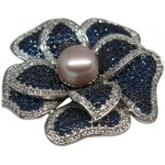 Flower Brooch With Silver Housing Decorated With Blue and White Swiss Diamond And Real Freshwater Lavender Pearl (11.0 Mm)