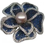 Flower Brooch With Silver Housing Decorated With Blue and White Swiss Diamond And Real Freshwater Lavender Pearl (11.0 Mm)