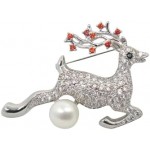 Deer Brooch With Silver Housing Decorated With White Swiss Diamond And Real Freshwater White Pearl (11.5 Mm)