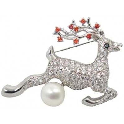 Deer Brooch With Silver Housing Decorated With White Swiss Diamond And Real Freshwater White Pearl (11.5 Mm)