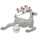 Deer Brooch With Silver Housing Decorated With White Swiss Diamond And Real Freshwater White Pearl (11.5 Mm)