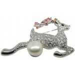 Deer Brooch With Silver Housing Decorated With White Swiss Diamond And Real Freshwater White Pearl (11.5 Mm)