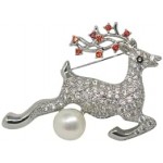 Deer Brooch With Silver Housing Decorated With White Swiss Diamond And Real Freshwater White Pearl (11.5 Mm)