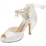 Emily Bridal Wedding Shoe Ivory Wedding Shoes Satin High Heels Peep Toe Pearls Lace up Bridal Shoes