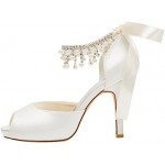 Emily Bridal Wedding Shoe Ivory Wedding Shoes Satin High Heels Peep Toe Pearls Lace up Bridal Shoes