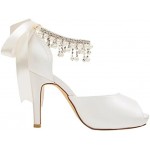 Emily Bridal Wedding Shoe Ivory Wedding Shoes Satin High Heels Peep Toe Pearls Lace up Bridal Shoes