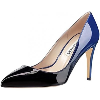 JOY IN LOVE Women's Pumps Shoes 3.5" High Heels Pointy Toe Stiletto Pumps, Blue Black Patent, 5.5