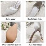 Womens Pointed Toe Satin Wedding Shoes Fashion Rhinestone Ankle Strap Buckle Bridal Court Prom Shoes White Stiletto High Heel,White,35 EU