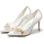 Womens High Heel Fashion Pointed Toe Rhinestone Pearl Satin Stiletto Pumps Evening Party Wedding Bride Court Shoes White,White,34 EU