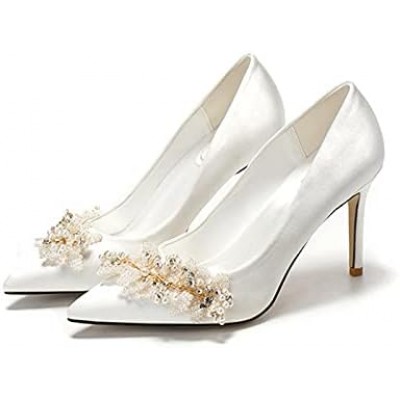 Womens High Heel Fashion Pointed Toe Rhinestone Pearl Satin Stiletto Pumps Evening Party Wedding Bride Court Shoes White,White,34 EU