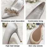 Womens High Heel Fashion Pointed Toe Rhinestone Pearl Satin Stiletto Pumps Evening Party Wedding Bride Court Shoes White,White,34 EU