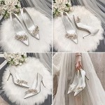 Womens High Heel Fashion Pointed Toe Rhinestone Pearl Satin Stiletto Pumps Evening Party Wedding Bride Court Shoes White,White,34 EU