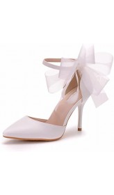 Women Pointed Toe Stiletto Pumps Ladies Party PU Leather Lace Bow Tie Ankle Strap Wedding Bridal Dress Court High Heel,White,35 EU