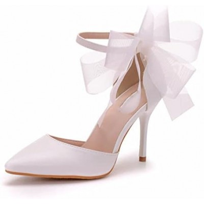 Women Pointed Toe Stiletto Pumps Ladies Party PU Leather Lace Bow Tie Ankle Strap Wedding Bridal Dress Court High Heel,White,35 EU