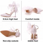 Women Pointed Toe Stiletto Pumps Ladies Party PU Leather Lace Bow Tie Ankle Strap Wedding Bridal Dress Court High Heel,White,35 EU