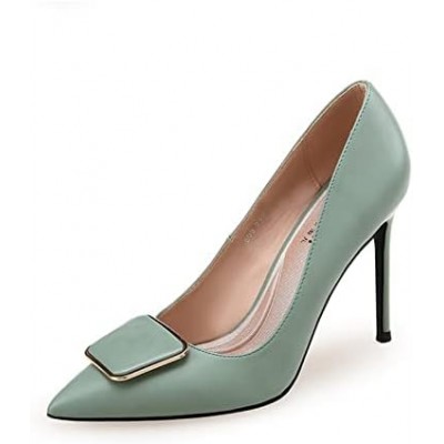 Elegant Solid Metal Buckle Women Pumps Thin High Heels Genuine Leather Woman Shoes Party Office Wedding Single Shoes (Color : Green 8cm, Shoe Size : 6.5 UK)