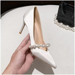 Pearls Satin Women Pumps Shallow Thin High Heels Female Dress Shoes Spring Summer Wedding Bridal Shoes (Color : White, Shoe Size : 4.5 UK)