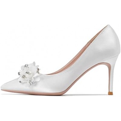 Sweet Pearls Flowers Women Pumps Elegant Pointed Toe Satin Thin High Heels Prom Shoes Spring Summer Female Wedding Bridal Shoes (Color : White, Shoe Size : 3.5 UK)