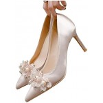 Sweet Pearls Flowers Women Pumps Elegant Pointed Toe Satin Thin High Heels Prom Shoes Spring Summer Female Wedding Bridal Shoes (Color : White, Shoe Size : 3.5 UK)