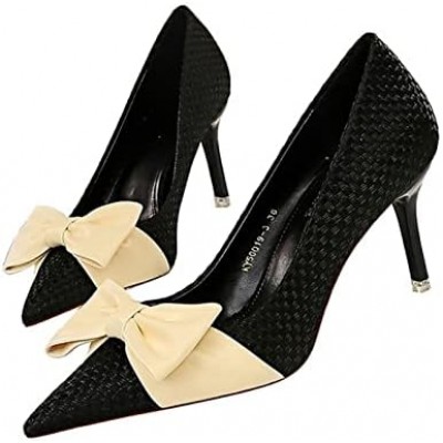 Women Pumps Weave Bowtie Spring Autumn Female Shoes Elegant Thin High Heels Shallow Office Lady Shoes (Color : Black, Shoe Size : 4.5 UK)