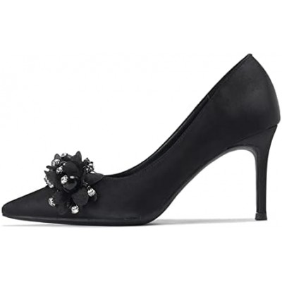 Sweet Pearls Flowers Women Pumps Elegant Pointed Toe Satin Thin High Heels Prom Shoes Spring Summer Female Wedding Bridal Shoes (Color : Black, Shoe Size : 6.5 UK)