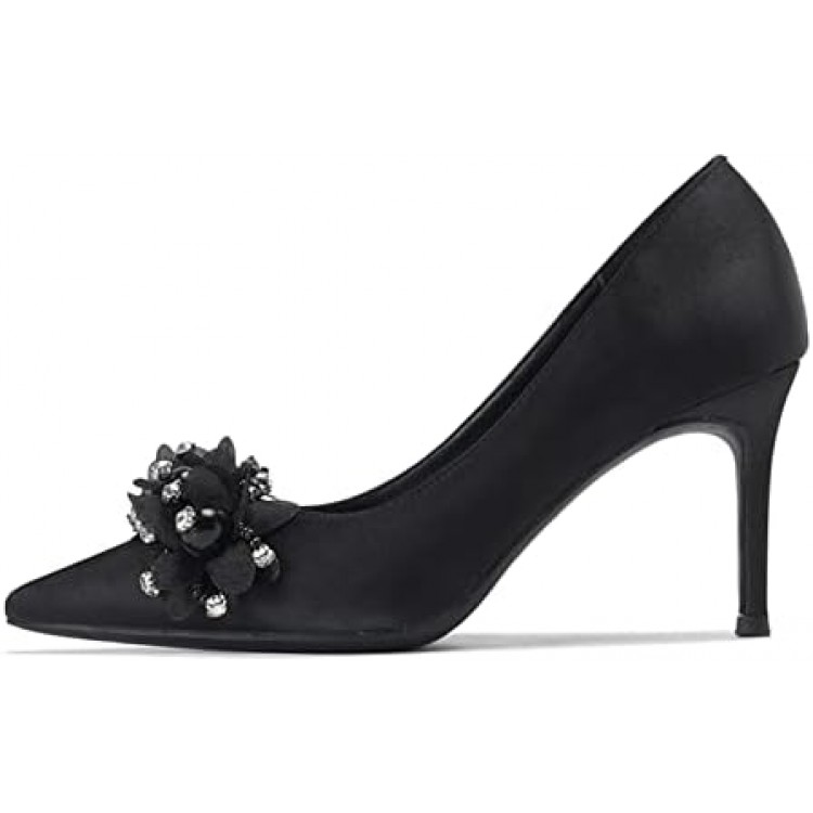 Sweet Pearls Flowers Women Pumps Elegant Pointed Toe Satin Thin High Heels Prom Shoes Spring Summer Female Wedding Bridal Shoes (Color : Black, Shoe Size : 6.5 UK)