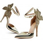 FINDVELL Gold High Heels Butterfly Back Sexy Stiletto Pumps Closed Toe Sparkly Ankle Strap Heels Sandals Dress Shoes for Women