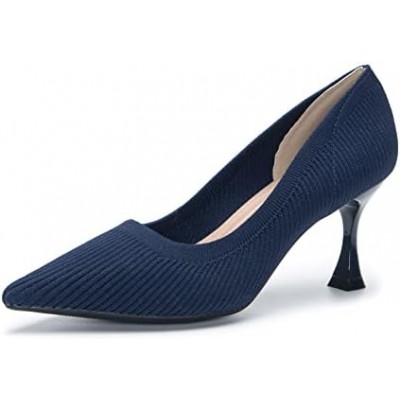 youngshow Chunky Heels for Women Knit Low Heel Pump Closed Toe Comfortable Work Dress Shoes