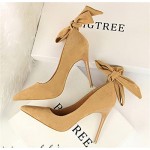 Womens' Closed Pointed Toe High Heels with Bow Knot Ankle Strap Suede Stiletto Comfort Pumps Shoes Office Lady Wedding Party Elegant Dress Heeded Shoes (Color : Khaki, Size : 6.5 US)