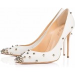 PUIOKA Women's high Heels Luxury Metal Studded Women High Heel Leather Classic High Heels Pointed Toe Stiletto Wedding Shoes, White, 2.5 UK